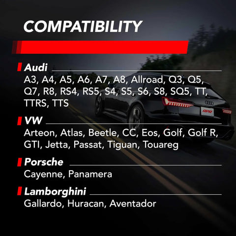 Compatibility chart for Audi, VW, Porsche, Lamborghini with car image on road; Red Ignition Coil For VW Group PQ35 PQ45 Cars 2004 And Newer Direct Replacement Up To 10 Percent More Energy Smoother Idle Snappy Throttle Response Quicker Acceleration Fits Volkswagen Audi Lamborghini Porsche