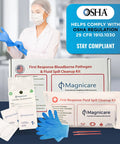 First Response Bloodborne Pathogen & Fluid Spill Cleanup Kit by Magnicare; blue gloves visible