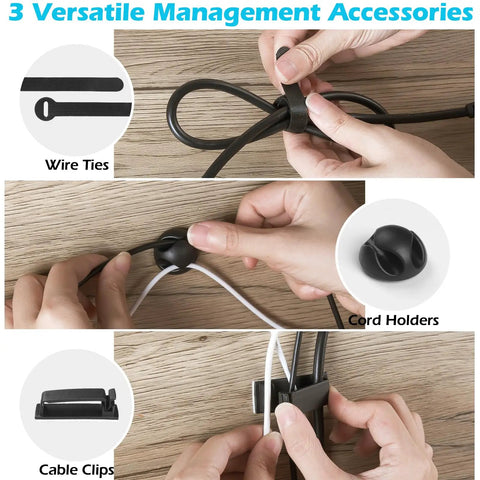 Under Desk Cable Management Tray Kit 26 Piece With Ventilated Hexagonal Design Includes Cable Clips Wire Ties Cord Holder And Screws For Office And Home Keeps Your Setup Neat Black showing wire ties, cord holders, and cable clips being used on a wooden desk.