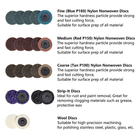 44 Piece 2 Inch Sanding Discs Set With Quick Change One Quarter Inch Holder for Die Grinder, includes various nylon nonwoven, strip-it, and wool discs for surface preparation and finishing.