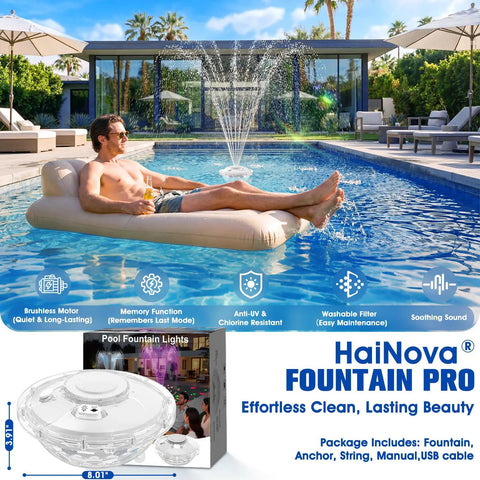 Man relaxing in a pool with Cool 8000mAh Rechargeable Pool Fountain With Lights For Above Ground Pools Floating Water Pump With Anchor
