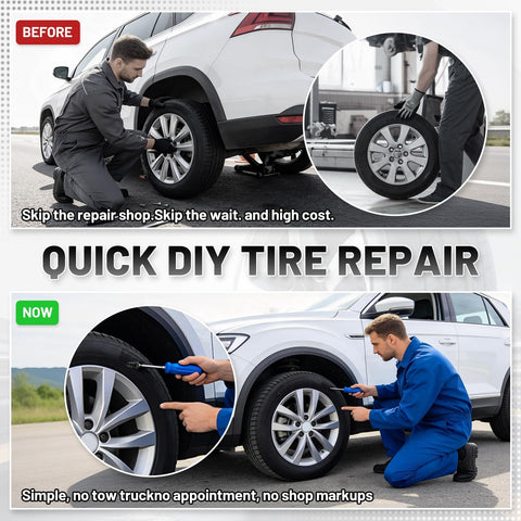Man using 60 Piece Tire Repair Kit With Rubber Nails And Self Tapping Spiral Plugs For Tubeless Tires Emergency Puncture Fix Tools