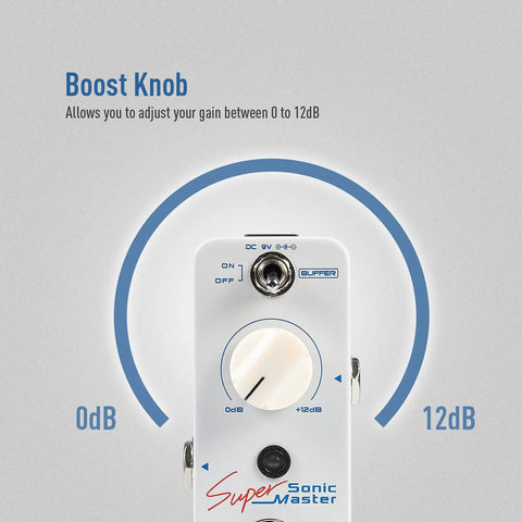 Top view of Clean Boost Pedal With Buffer 0-12dB Gain showing boost knob and gain range markings.