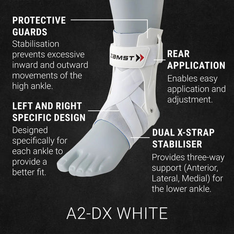 A2DX Sports Ankle Brace With Protective Guards For High Ankle Sprains And Chronic Instability Game Ready Support For Basketball Volleyball Lacrosse And Football White Right Medium shown on foot with text details about features