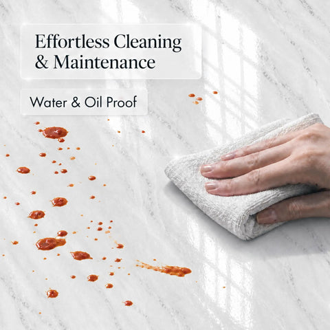 Cleaning spill on Marble Look Peel And Stick Contact Paper 39 Inch By 118 Inch White Vinyl Wallpaper For Countertops Bathroom Vanities And Cabinets Waterproof Easy Install Renter Friendly Durable DIY Upgrade