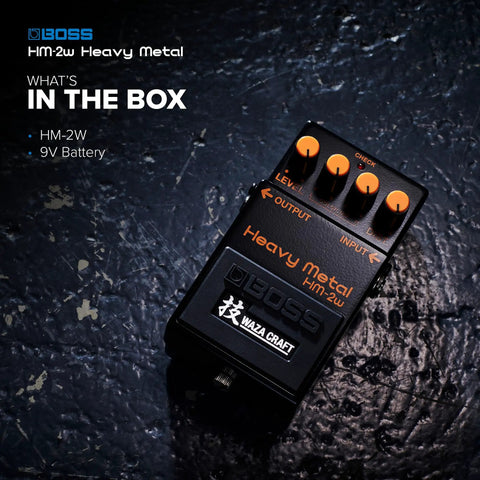 Waza Craft HM-2W Heavy Metal Guitar Pedal on textured surface with controls visible, showcasing legendary chainsaw tone.