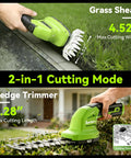 Handheld 2-In-1 Cordless Hedge Trimmer And Grass Shear showing cutting width of 4.52 inches and length of 7.28 inches for garden pruning.
