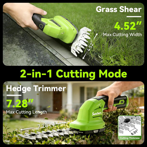 Handheld 2-In-1 Cordless Hedge Trimmer And Grass Shear showing cutting width of 4.52 inches and length of 7.28 inches for garden pruning.