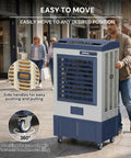 Heavy Duty 6500 Cfm Portable Evaporative Swamp Cooler With 19 Gal Tank 120 Oscillation Auto Fill Blower in use outdoors.