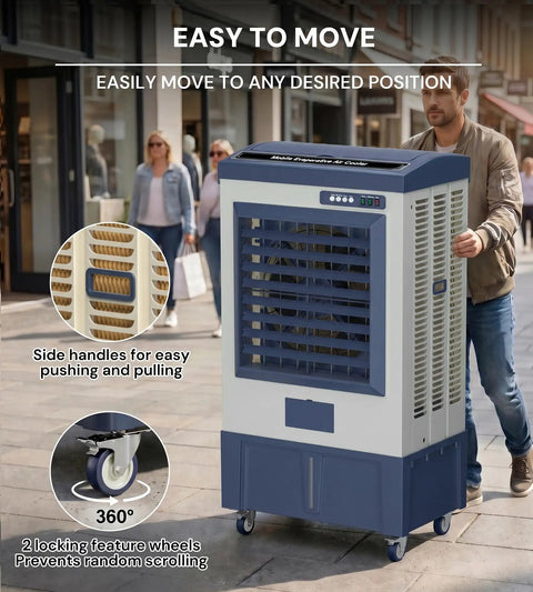 Heavy Duty 6500 Cfm Portable Evaporative Swamp Cooler With 19 Gal Tank 120 Oscillation Auto Fill Blower in use outdoors.