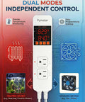 Dual Probe Digital Temperature Controller For Reptile Terrarium Thermostat With Two Independent Outlets For Heating And Cooling Controls Heat Mat And Fan Also Switches Freezer Or Fridge On Off At Setpoints 10A 1200W, showing device with LCD and dual outlets.