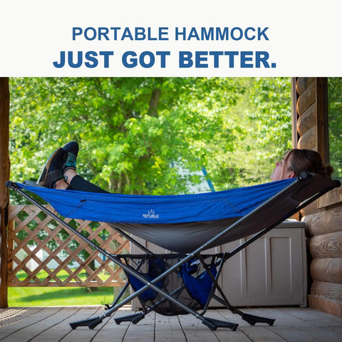 Image of a person relaxing in a Portable Hammock With Stand No Trees Needed Compact Folding Framed Hammock With Adjustable Sunshade Canopy And Easy Setup For Park Backyard Garden Beach Camping And Hiking Blue.
