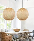 Round Bamboo Pendant Light With Hand-Woven Wicker Shade, Boho Basket Chandelier For Kitchen Island And Living Room