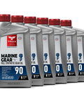 Beefed Up Full Synthetic Marine Gear Oil SAE 90 For All Stern Drives Bow Thrusters And Lower Gear Units For Boats And Jet Skis 6 Quart Pack Corrosion Inhibiting Formula Keeps Transmissions Rust Free And Delivers Smooth Shifts With OEM Compatibility, displayed as 6 gray bottles with red caps.