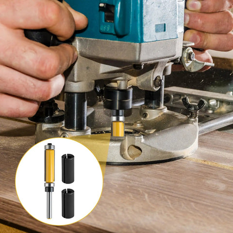 Double Bearing Flush Trim Router Bit Set With One Quarter Inch Shank Carbide Top And Bottom Bearings for precise pattern cutting