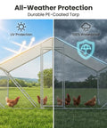 Large Metal Chicken Run Walk-In Coop 9.8 Ft Long By 6.5 Ft Wide By 6.5 Ft High For 15-20 Hens showing UV and waterproof tarp