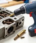 Premium 6-Piece Screw Extractor Kit Made From Tough HSS Steel To Fix Stripped Bolts, Damaged Screws, And Nuts For Daily Repairs And Heavy Auto Jobs Without Hassle. Drill and HSS extractor on engine block