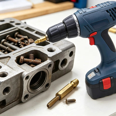 Premium 6-Piece Screw Extractor Kit Made From Tough HSS Steel To Fix Stripped Bolts, Damaged Screws, And Nuts For Daily Repairs And Heavy Auto Jobs Without Hassle. Drill and HSS extractor on engine block