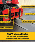 No Hassle Dual Mount Tractor Pallet Forks For Front Loader And Three Point Hitch Featuring Gooseneck Drawbar and Heavy Chain Slings with Weight Rack and Hitch