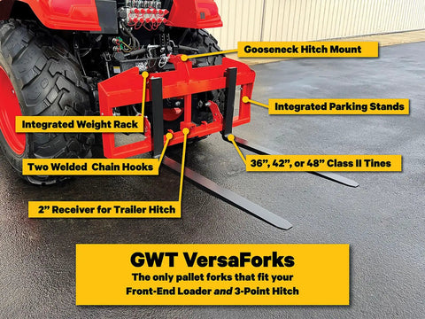 No Hassle Dual Mount Tractor Pallet Forks For Front Loader And Three Point Hitch Featuring Gooseneck Drawbar and Heavy Chain Slings with Weight Rack and Hitch