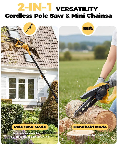 2-in-1 versatility of Cordless Pole Saw and Mini Chainsaw Two in One Lightweight Electric Yard Tool with Brushless Motor