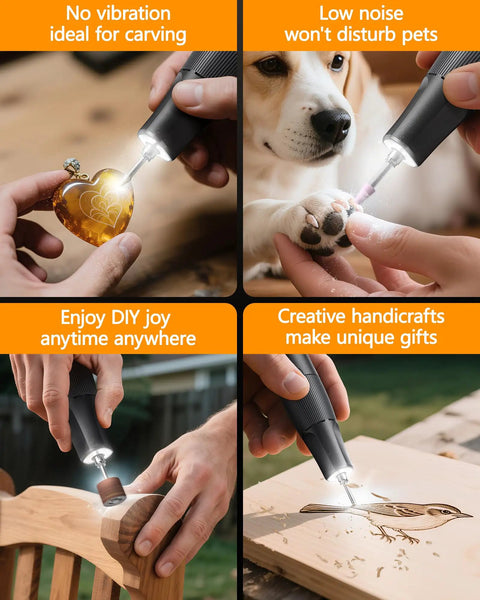 No Sweat Cordless Rotary Tool 8V With Auto Lock Chuck 5 Speeds 23000 RPM Rechargeable Engraver Kit for carving and DIY projects.