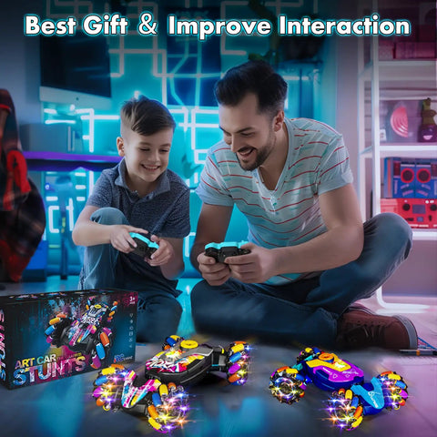 Father and son playing with Gesture Sensing RC Stunt Car With Light And Music, 4WD Drifting And 360 Degree Rotating, 45 Degree
