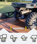 ATV secured with Heavy Duty Retractable Ratchet Straps For E Track And Bolt On Mounting Pack Of 2 1 Inch By 6 Feet 4000 Lbs Break Strength.
