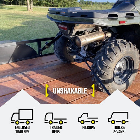 Beefy Bolt On E Track Retractable Ratchet Straps securing an ATV on a trailer, highlighting durability for trailers and pickups.