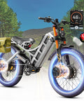 Absolute Beast 4000W Dual Motor Electric Mountain Bike With 52V 70Ah Battery featuring illuminated wheels, standing on a trail.