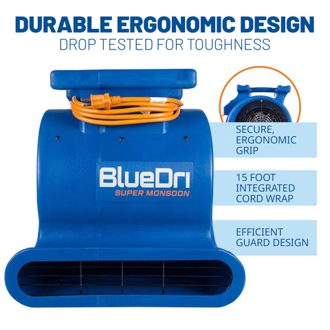 Beast Mode 1 HP Air Mover Blower Fan, 4050 CFM, front view with ergonomic design and integrated cord wrap, heavy duty portable tool.