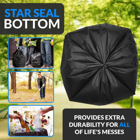 Heavy Duty 45 Gallon Black Trash Bags 38x46 Inches with star seal design and twist ties for residential and commercial cleanup