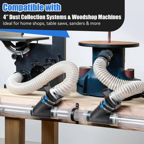 All In One 4 Inch Dust Collection Kit With 10 Ft Clear PVC Hose Includes 4 Inch Y Fitting 4 Inch Blast Gate Flex Cuff in use