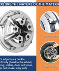 Close-up of chrome 8 inch golf cart hubcap showcasing paddle buckle and easy installation for EZGO Club Car Yamaha