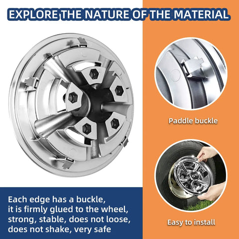 Close-up of chrome 8 inch golf cart hubcap showcasing paddle buckle and easy installation for EZGO Club Car Yamaha