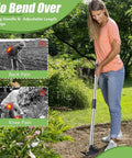 Woman using 58 Inch Long Handle 2-in-1 Weed Puller And Hoe Garden Tool With A 6-Tine Weed Rake And Sharp Hoe for easy weeding.