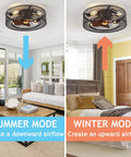 Flush Mount Caged Ceiling Fan With Lights And Remote Control showing summer and winter modes in living and bedroom settings.