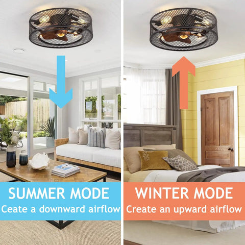 Flush Mount Caged Ceiling Fan With Lights And Remote Control showing summer and winter modes in living and bedroom settings.