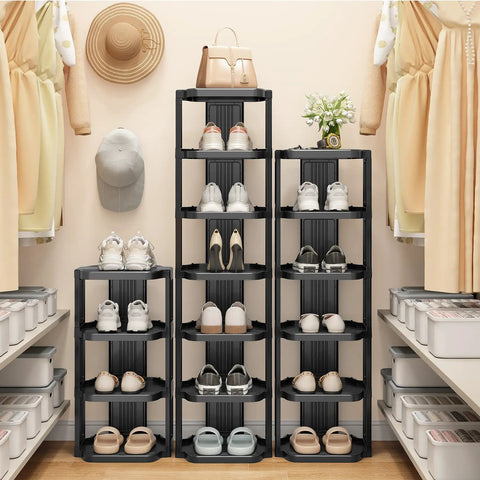 Eight Tier Vertical Plastic Shoe Rack Freestanding Stackable Organizer For Small Closets And Tight Spaces Space Saving Design Ideal For Dorm Rooms Entryways And Tiny Apartments Storage Solution in use in a closet.