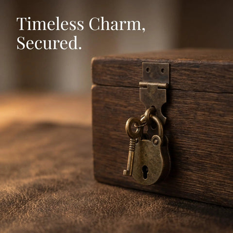 Close-up of lock and key on Antique Bear Shaped Wine Box With Lock Hasp And Keys, Iron Gift Case Latch, wooden surface visible