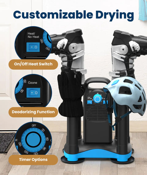 Badass Upgraded Boot Dryer For Work Boots And Training Shoes With Integrated Ozone Deodorizer And Rapid Heat Circulation, showing controls and drying features.