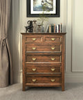 Six Pack Gold Cabinet Handles And Drawer Pulls Set With 2-1/2 Inch Center To Center Hole Edge Pulls For Half Moon Dresser Drawers Featuring Sunflower Petal Inspired Design And Durable Metal Hardware For Kitchen Cabinets And Furniture installed on a wooden dresser in a living room.