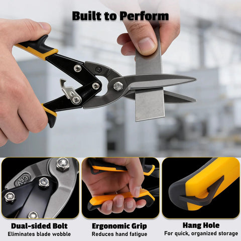 Person using Heavy Duty 12 Inch Aviation Tin Snips For Sheet Metal Cutting Beast Of A Cutter With Long Straight Cut And Precise Jaws.