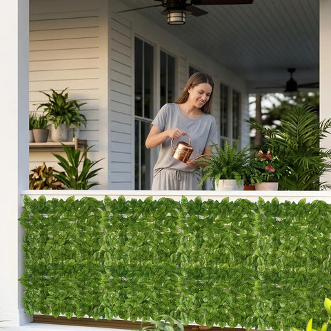 Artificial Ivy Privacy Fence Screen Set 120 By 40 Inches With 12 Pack 20 By 20 Inch Panels Vented Base Grid on patio railing