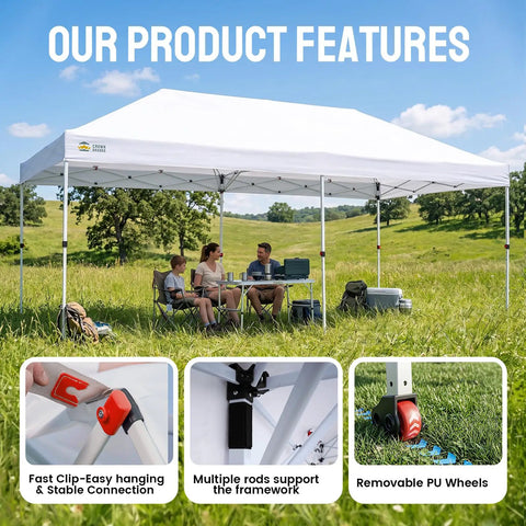 Pop Up Canopy Tent 10x20 Instant Outdoor Shelter For Parties And Weddings set in a sunny field with family sitting underneath