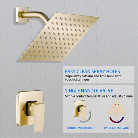 Brushed Gold Shower Faucet Trim Kit With Rough In Valve 8 Inch Square Stainless Steel Rainfall Shower Head 1.75 GPM
