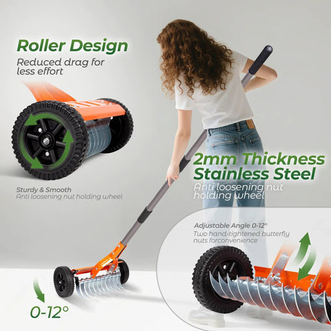 Roller Dethatching Rake With Wheels For Easy Push Across Your Lawn 76.8 Inch Adjustable Handle 2Mm Stainless Steel Blades