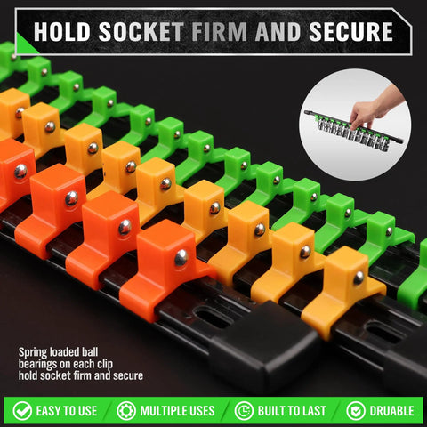 Pro Grade Socket Clip Rail Organizer Kit 6 Piece Set, Heavy Duty ABS holder with colorful clips, detail view.