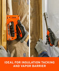 A worker using a Paslode stapler to install insulation, showcasing Workhorse Half Inch Galvanized Staples Three Eighths Crown Twenty Gauge Construction Ammo Five Thousand Piece Box.