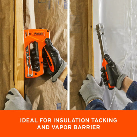 A worker using a Paslode stapler to install insulation, showcasing Workhorse Half Inch Galvanized Staples Three Eighths Crown Twenty Gauge Construction Ammo Five Thousand Piece Box.